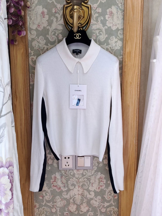 Chanel 23N Black and White Color Block Slim Fit Polo Collar Undershirts