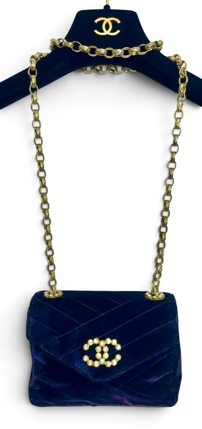 Chanel 1991-1994 Navy Blue Velvet Crystal 24K Bijoux Mini Square Chevron Classic Flap Bag