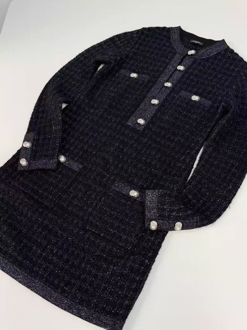 Chanel 20B Black Blue Tweed Dress