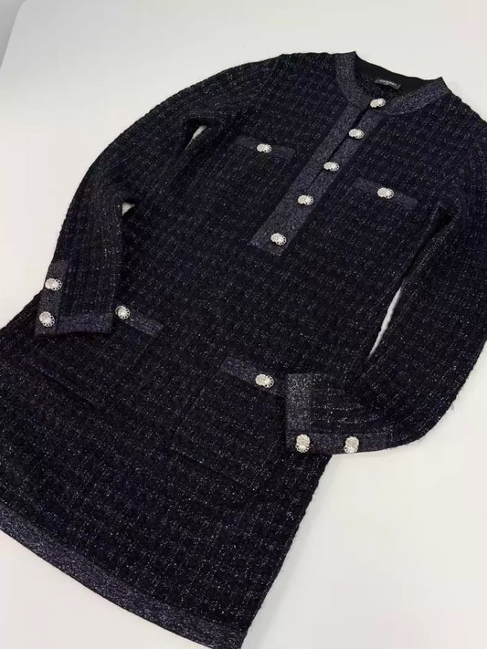 Chanel 20B Black Blue Tweed Dress