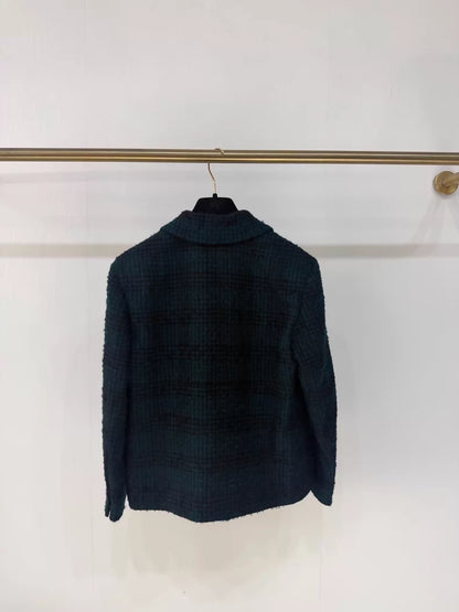 Chanel 24A dark green plaid enamel tweed jacket