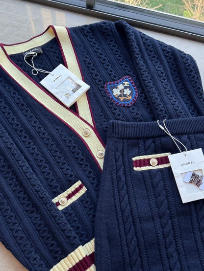 Chanel 26C Navy Blue V-Neck Lion Button Knit Cardigan