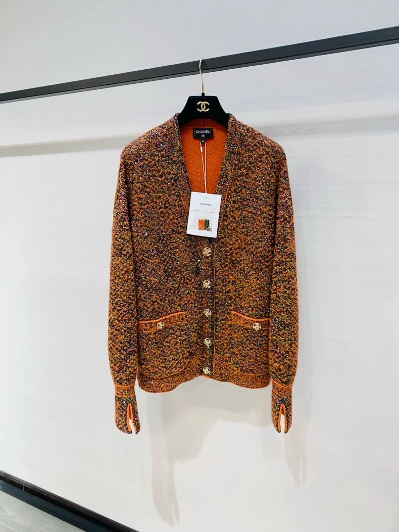 Chanel 24K Orange tweed Sequined Knit Cardigan