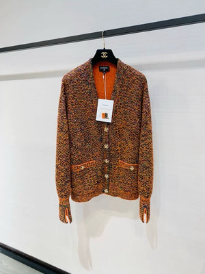 Chanel 24K Orange tweed Sequined Knit Cardigan