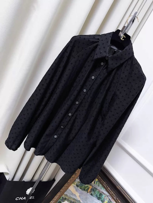 Chanel 24b black velvet polka dot shirt with subtle logo print and shimmer