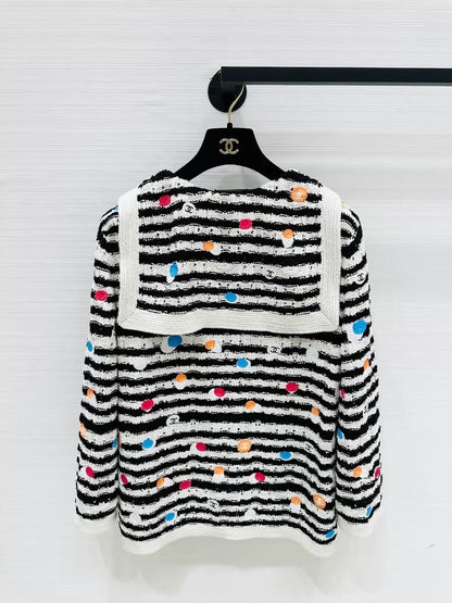 Chanel black and white striped polka dot knit top with double C rhinestone buttons, navy style, openwork, F34,