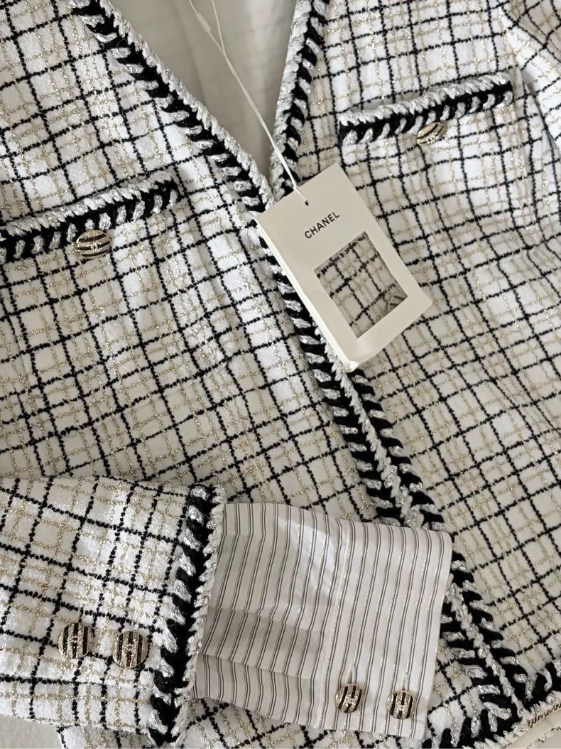 Chanel 24C Gold Black and White Check Tweed Jacket