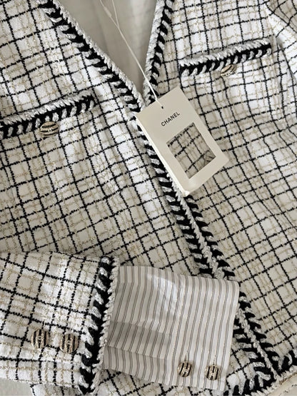 Chanel 24C Gold Black and White Check Tweed Jacket