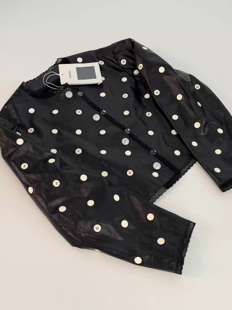 Chanel 23S Black and White Polka Dot Leather Jacket