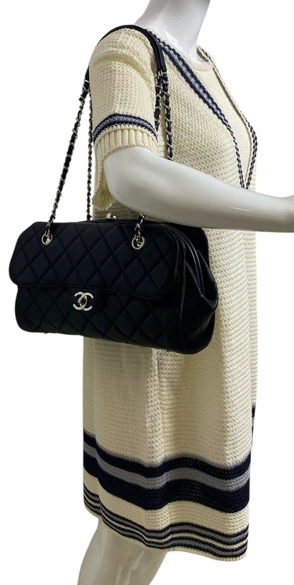 Chanel Classic Black CC Kisslock Lambskin Frame Compartment Bag