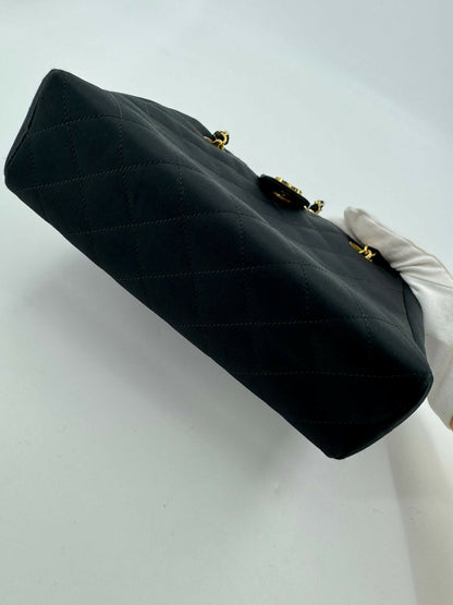 Chanel Vintage Satin and Rhinestone Shiny Black Shoulder Bag
