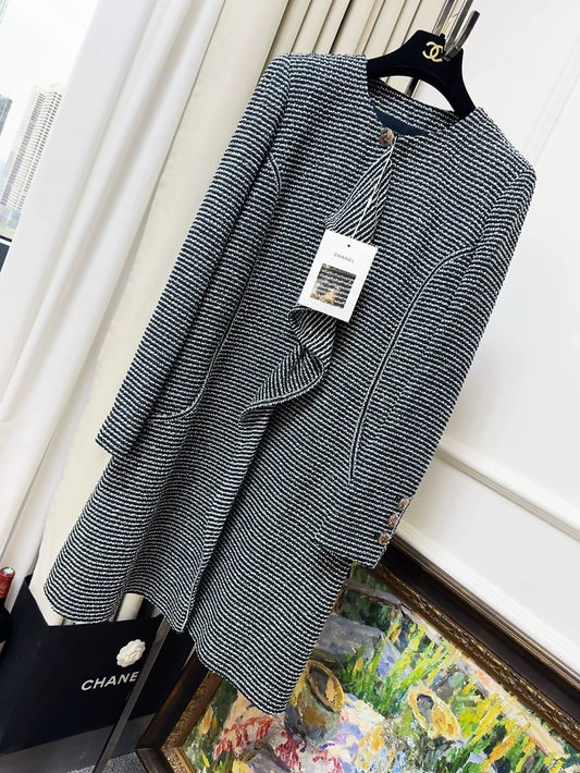 Chanel 20C navy blue and shimmering white striped tweed with ruffles coat