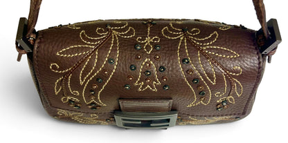 Fendi Limited Edition Dark Brown Leather Lizard Embroidered Mini Mamma Baguette Bag