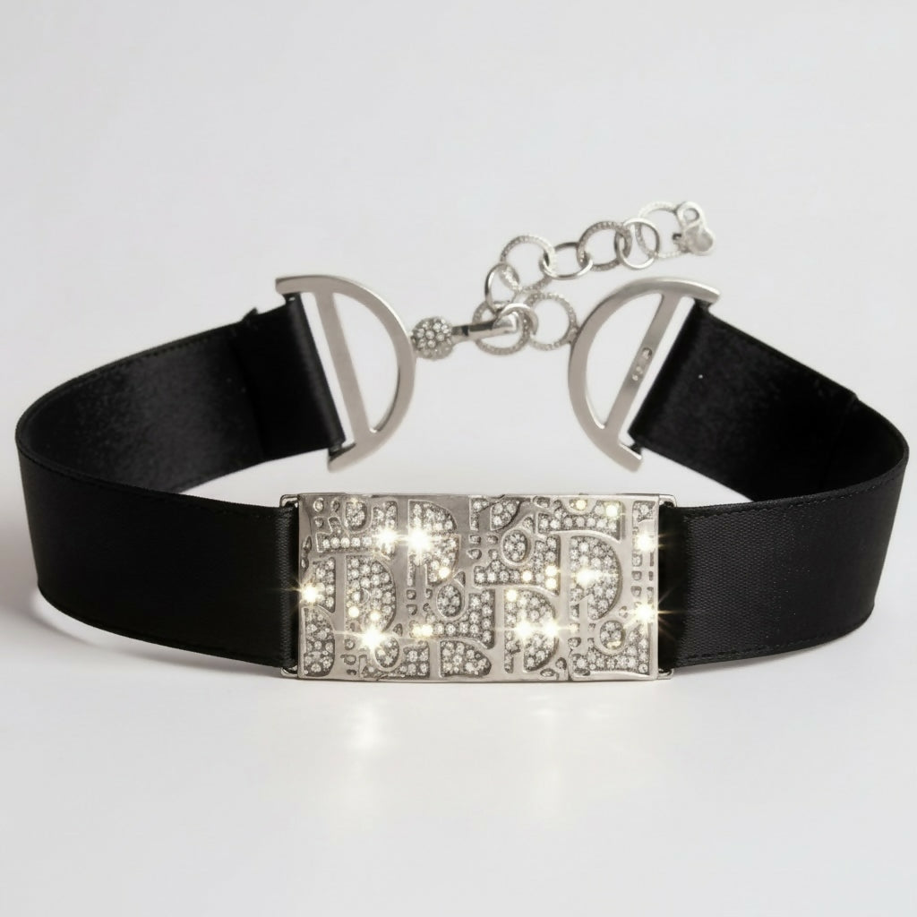 Rare Dior John Galliano Crystal Silver Metal Silk Trotter Choker Necklace
