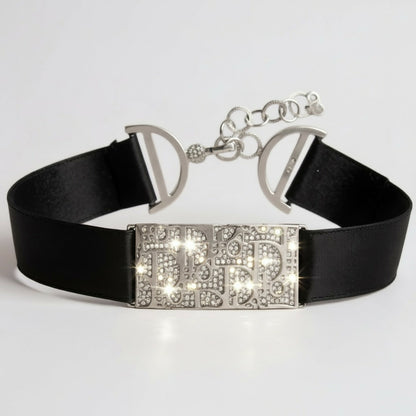 Rare Dior John Galliano Crystal Silver Metal Silk Trotter Choker Necklace