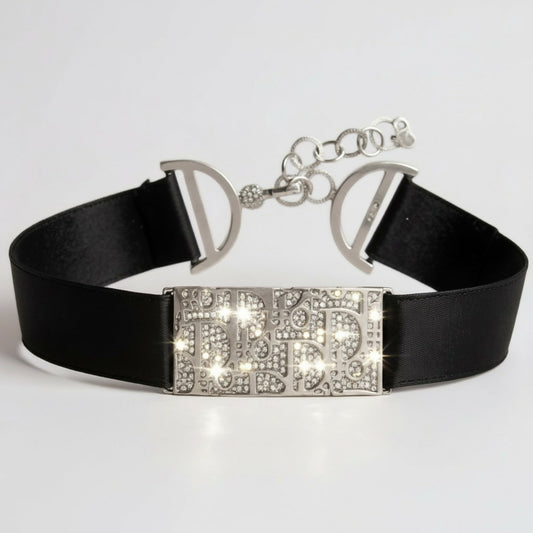 Rare Dior John Galliano Crystal Silver Metal Silk Trotter Choker Necklace