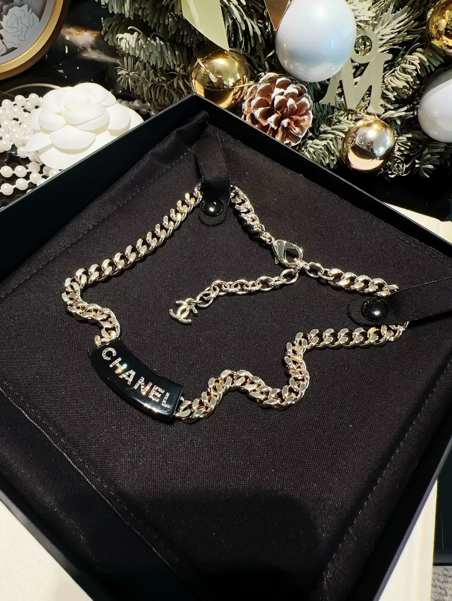 Chanel 22B Black Acrylic Letter Gold Chain Necklace