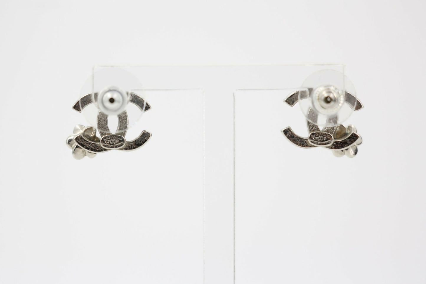 Chanel Vintage 07P Metal Black and Silver Camellia Stud Earrings