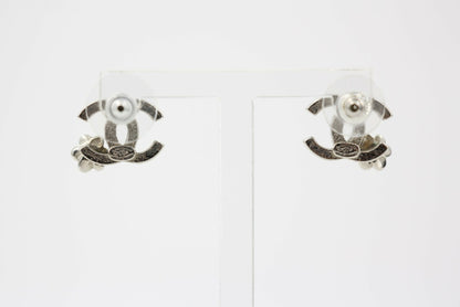 Chanel Vintage 07P Metal Black and Silver Camellia Stud Earrings