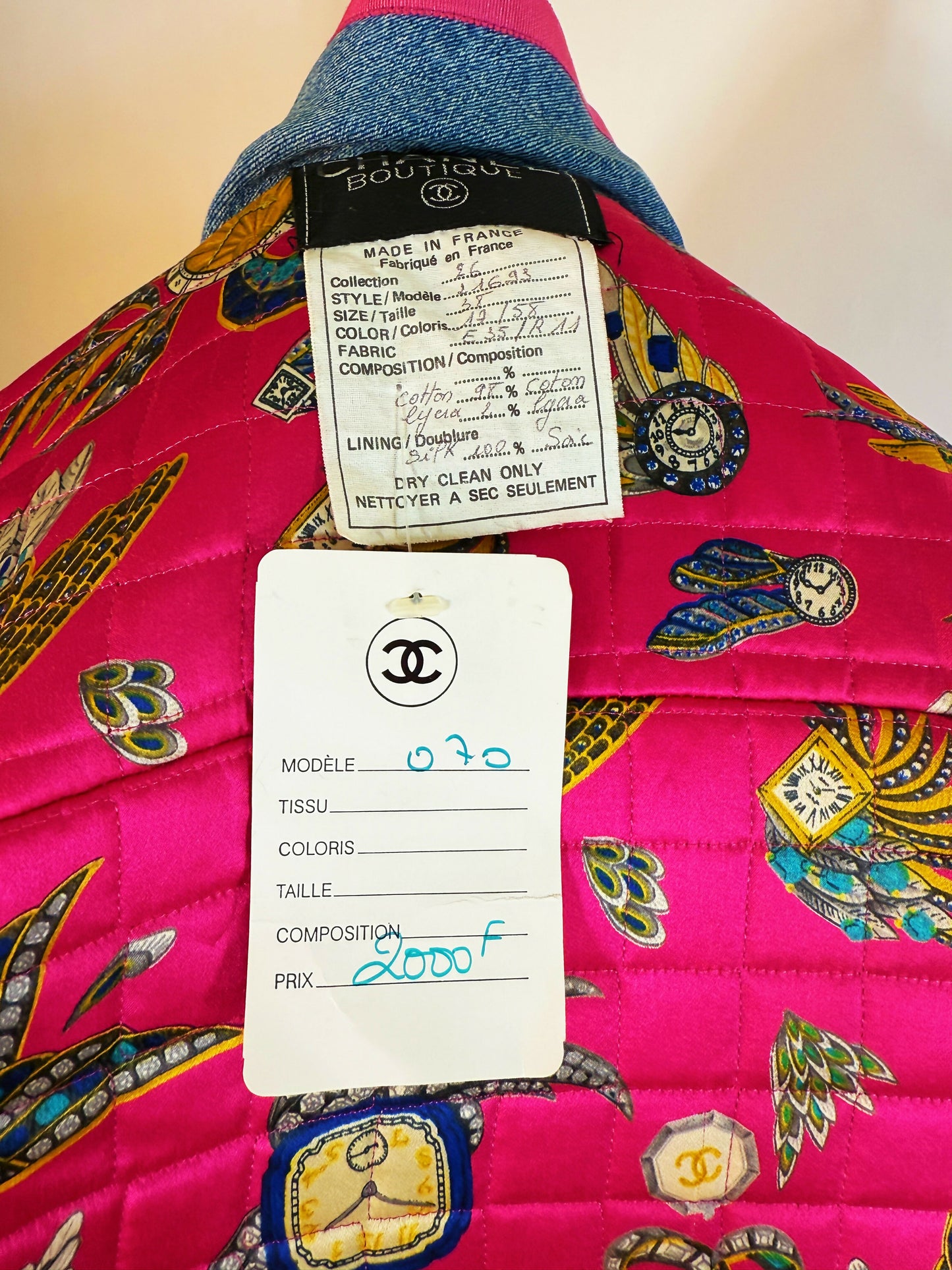 Chanel Vintage 1991 Runway Denim Jacket with Pink Trim and Gold CC Buttons