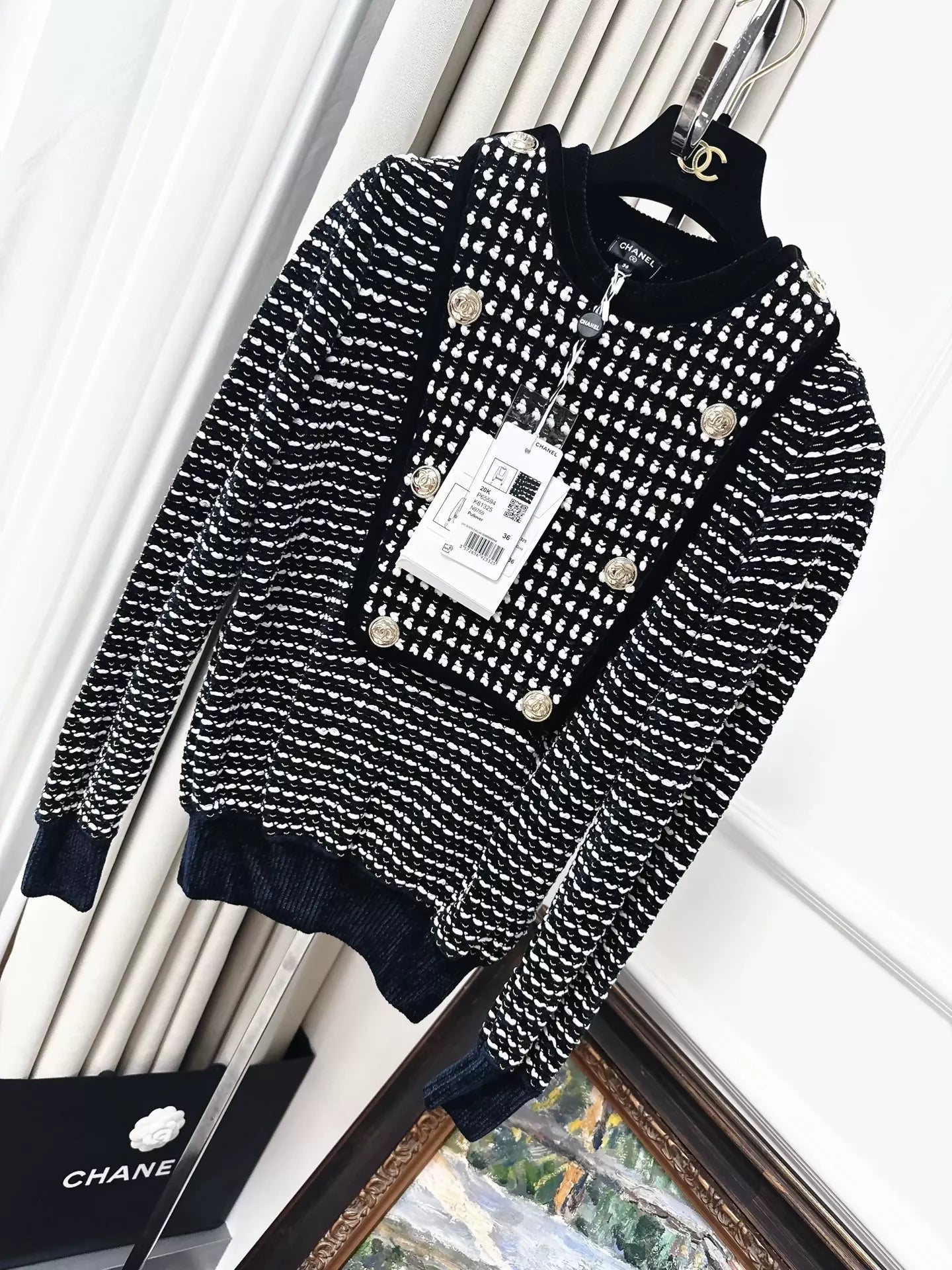 Chanel 20K Black and White Striped Velvet Sweater