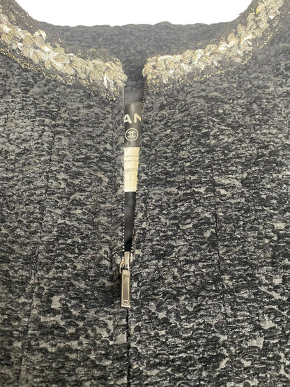Chanel 14A Runway Supermarket Collection Black Boucle Silver Metallic Braided Trim Jacket 42