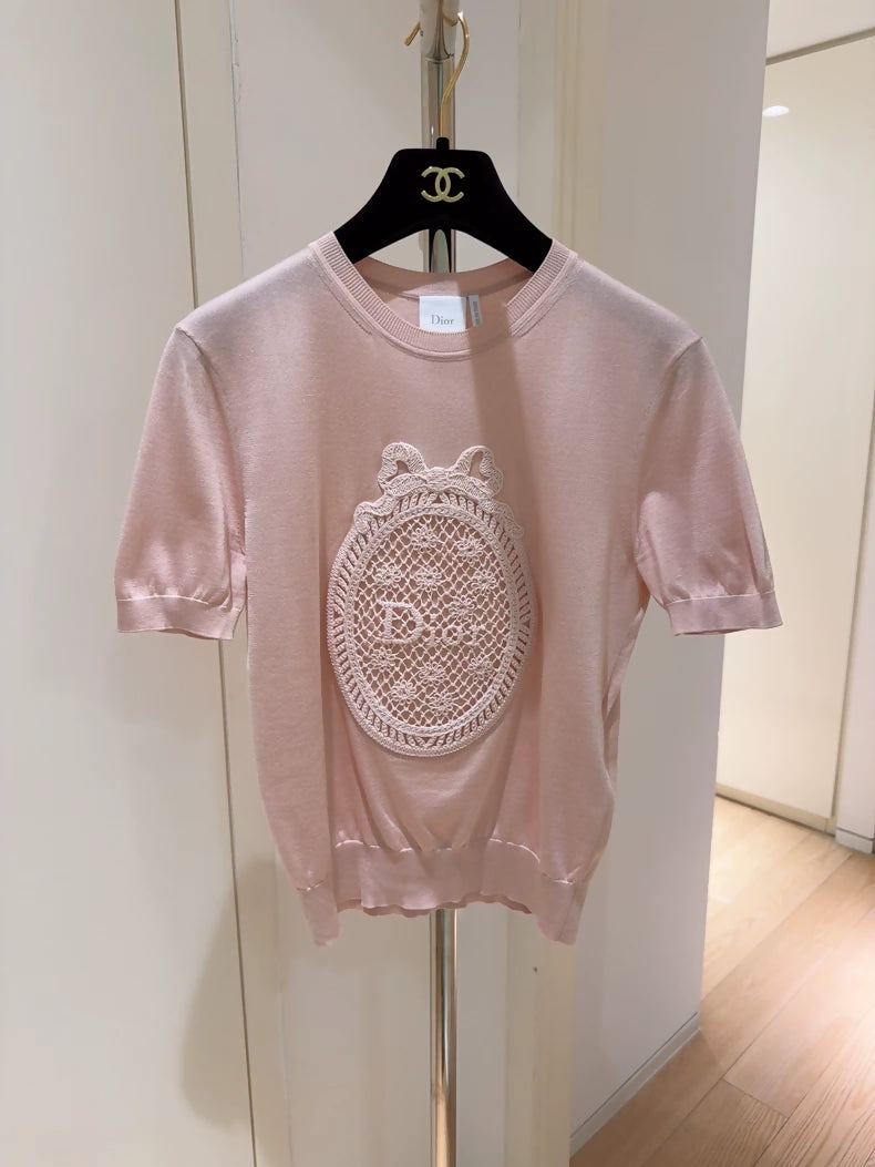 Christian Dior Pink Openwork Crocheted Bow Badge Silk Short-Sleeve Top