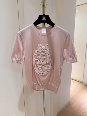 Christian Dior Pink Openwork Crocheted Bow Badge Silk Short-Sleeve Top