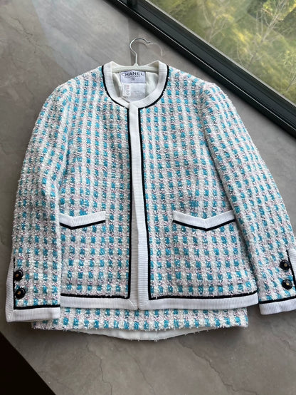 Chanel vintage blue and pink jacket and skirt