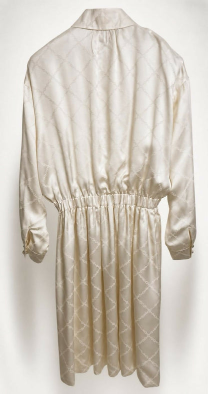 Chanel 23C Ecru Jacquard Silk CC Logo Velvet Bow Blouson Dress FR 40