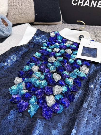 Chanel 23C Blue Sequined Silver Purple Floral Top