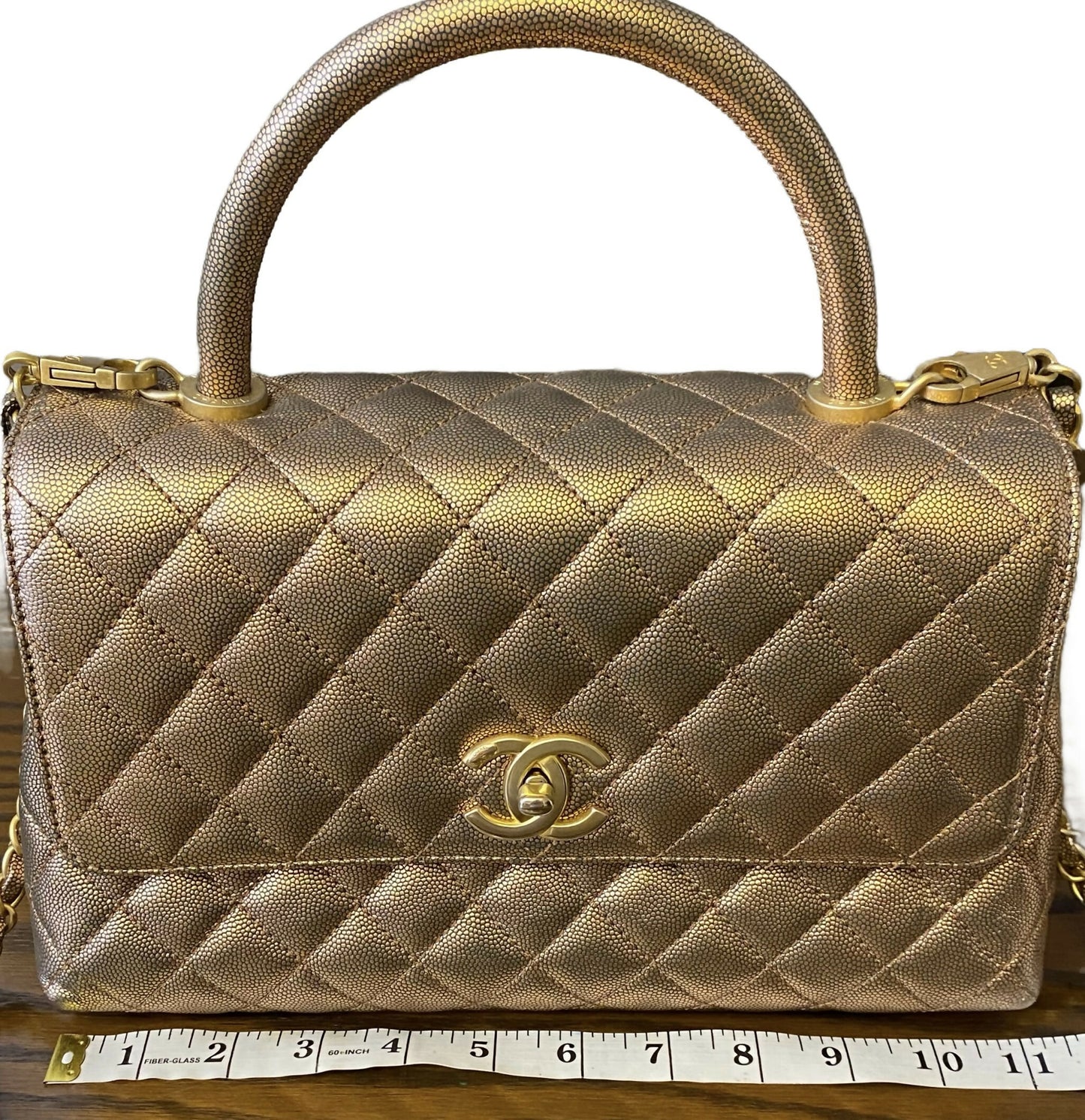 Chanel 19A Medium Metallic Rose Gold Copper Caviar Quilted Timeless Coco Handle Flap Bag