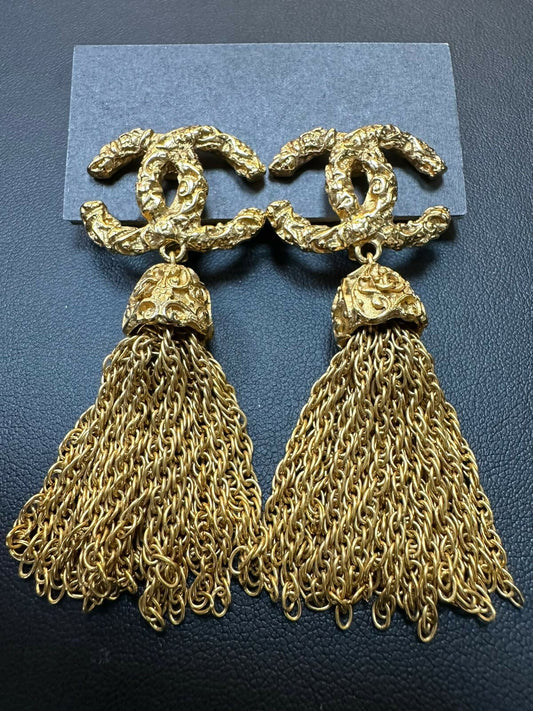Chanel Vintage 93 Gold Plated Coco Mark Tassel Gold Clip-on Earrings