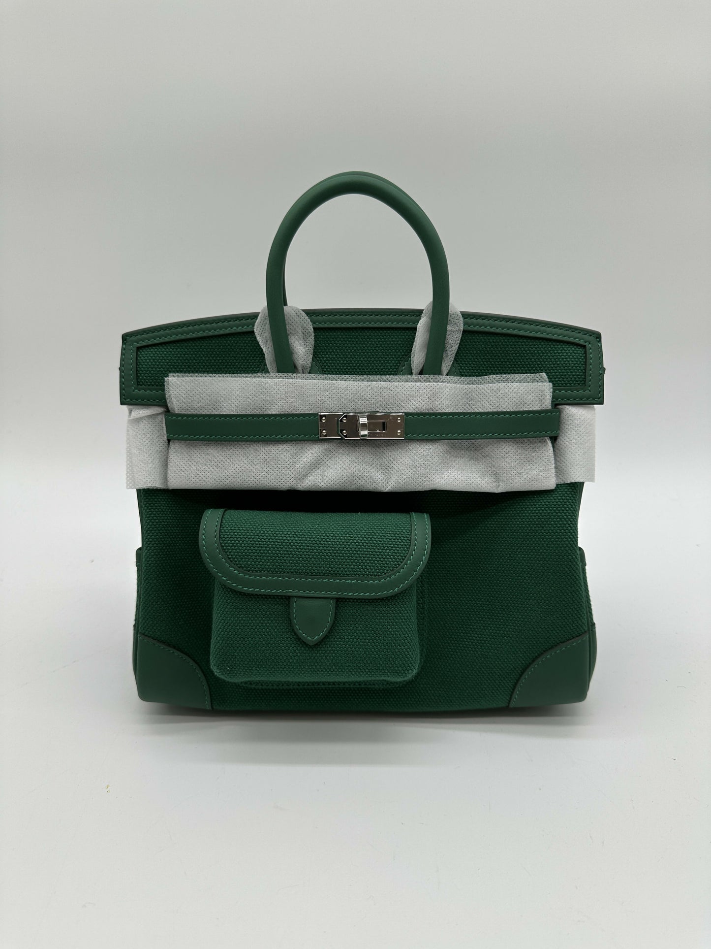 Hermes Birkin 25 Cargo Toile Goeland/Veau Swift Vert Moyen phw stamp K