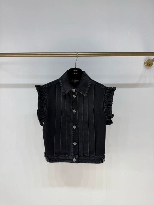 Chanel 24a Black/Grey Ruffled Denim Vest