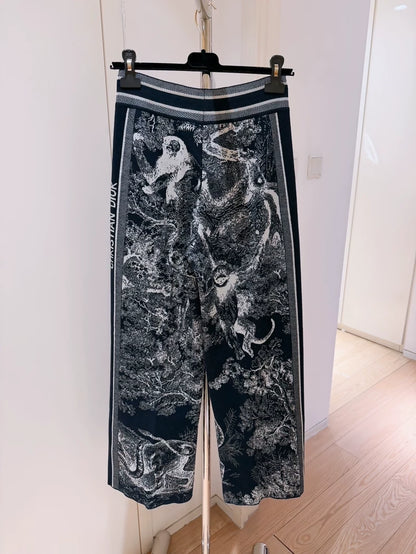 Christian Dior Toile de Jouy Jungle Zoo Pattern Side Logo Cashmere Knit Wide-Leg Pants