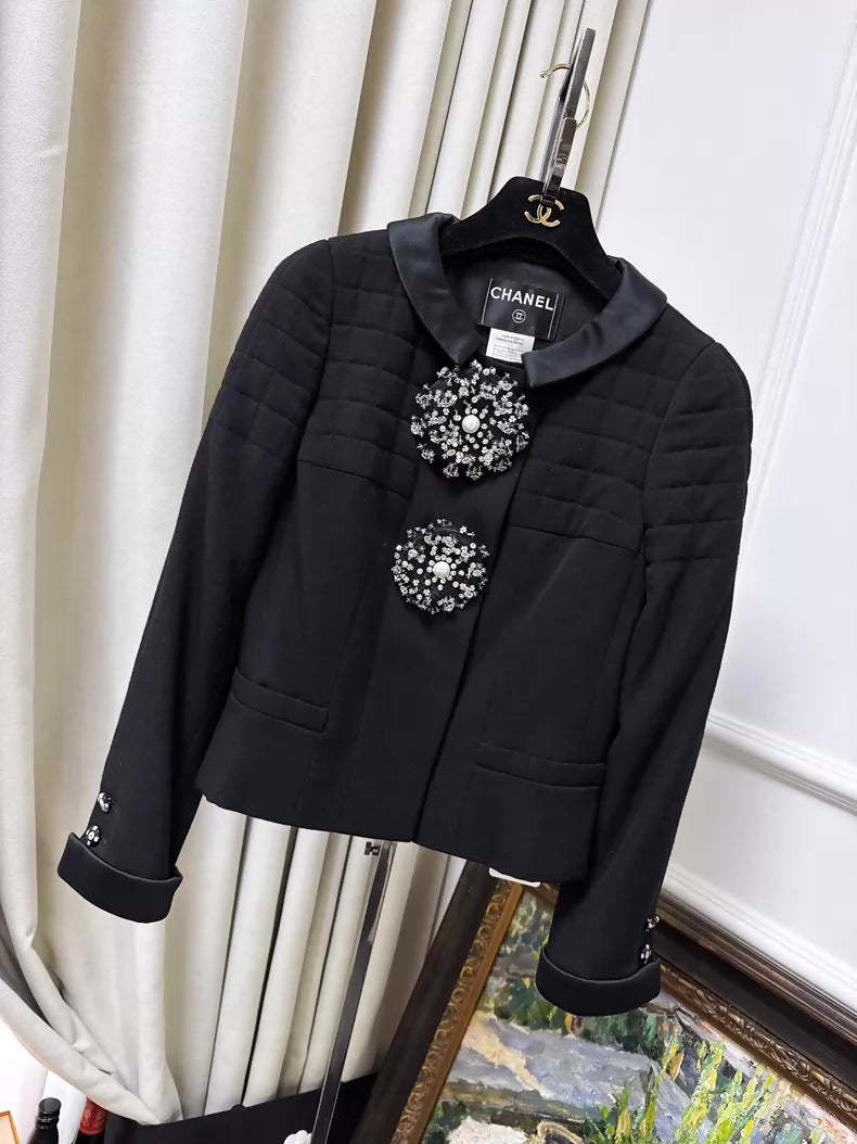 Chanel 06A black embroidered crystal button tweed jacket and skirt