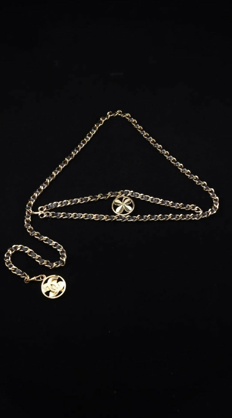 Chanel black and gold double-layer leather chain clover waist chain