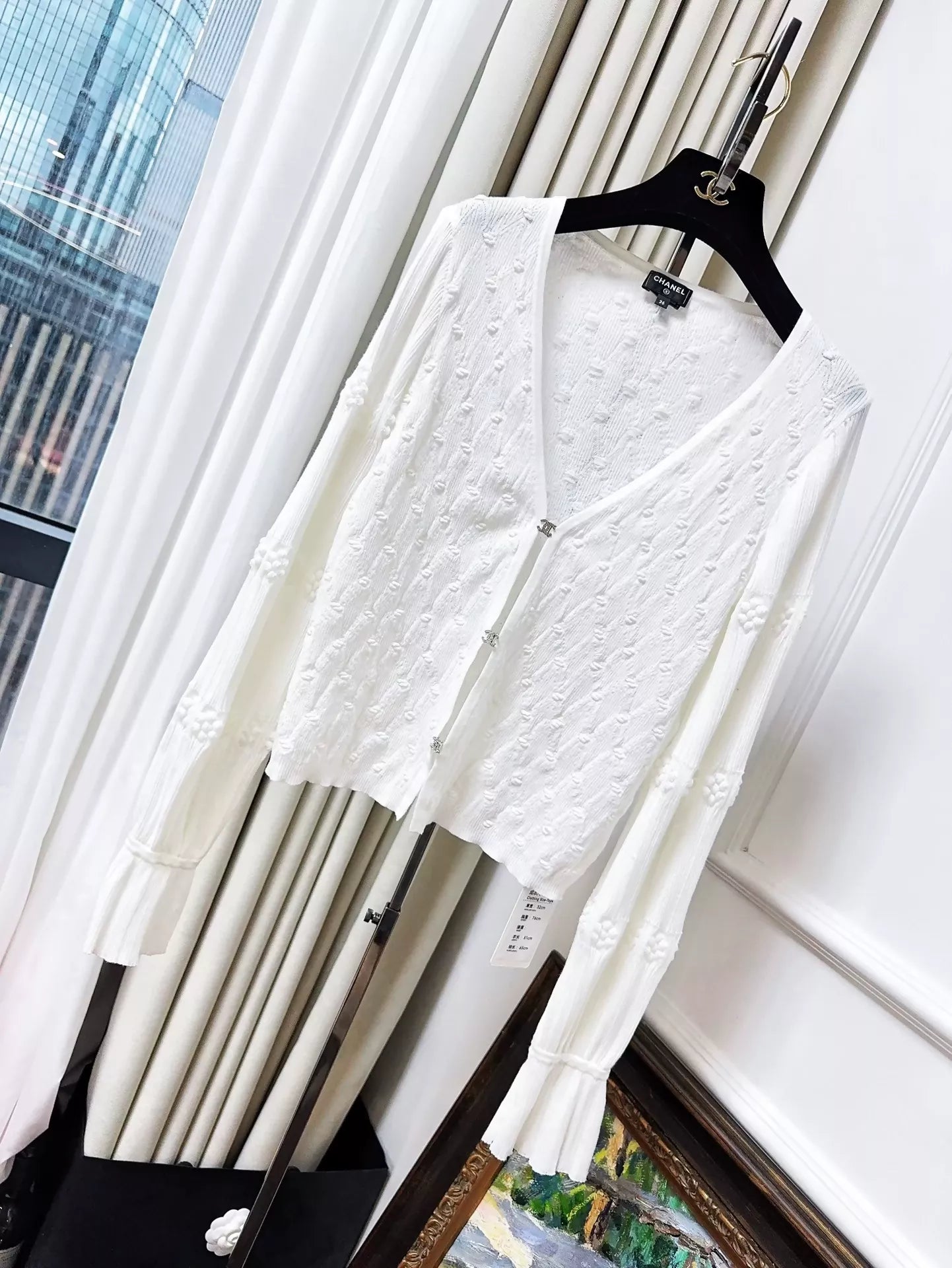 Chanel 24P white rhinestone double C button knitted cardigan