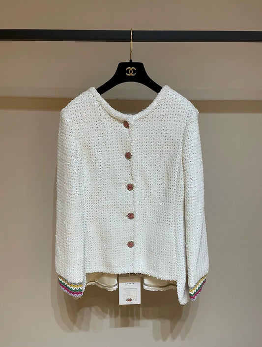 Chanel 22S white sequined V-neck backless jacket