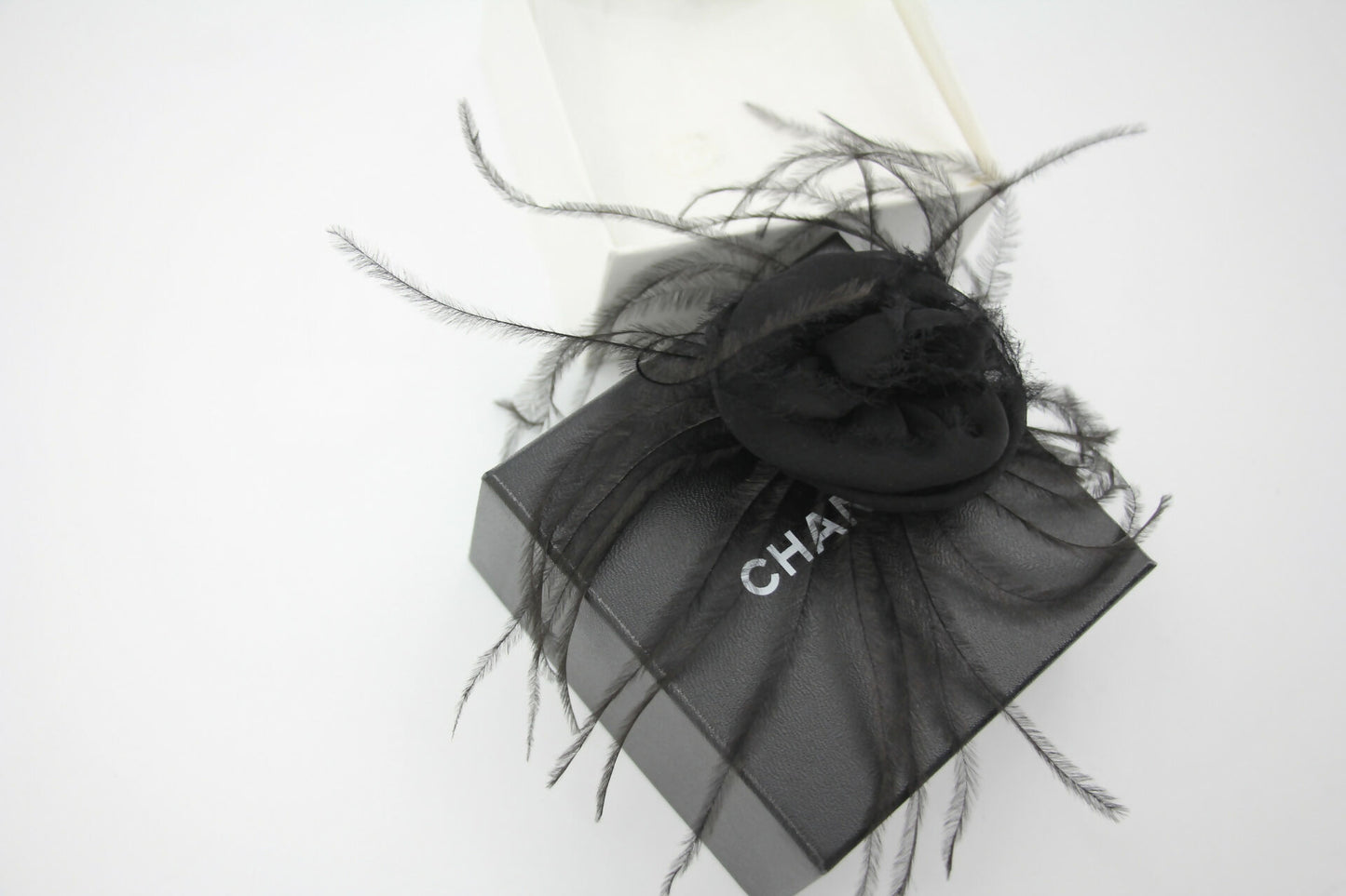Chanel Vintage 81-85 Tulle Feather Black Camellia Silk Brooch