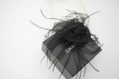 Chanel Vintage 81-85 Tulle Feather Black Camellia Silk Brooch