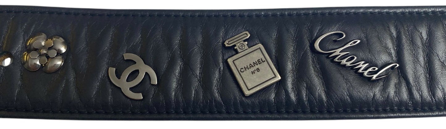 Chanel 12P Lucky Charms Black Distressed Glazed Calfskin Leather Belt Size 85/34