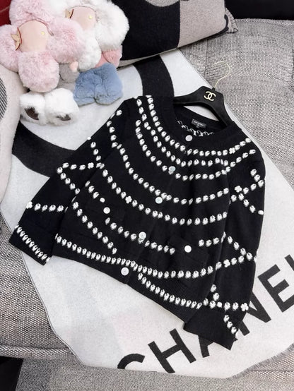 Chanel 25P black and white pearl print cardigan