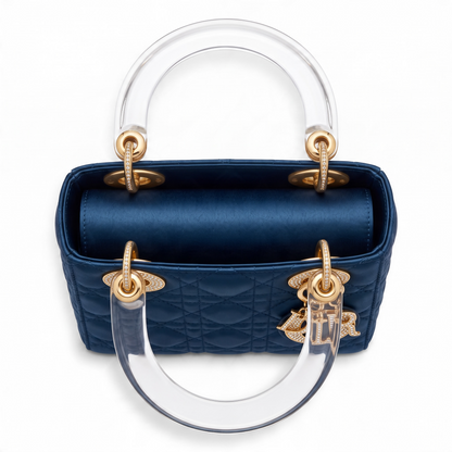 Dior Mini Lady Dior Navy Blue Gold Crystals Lucite Silk Handbag