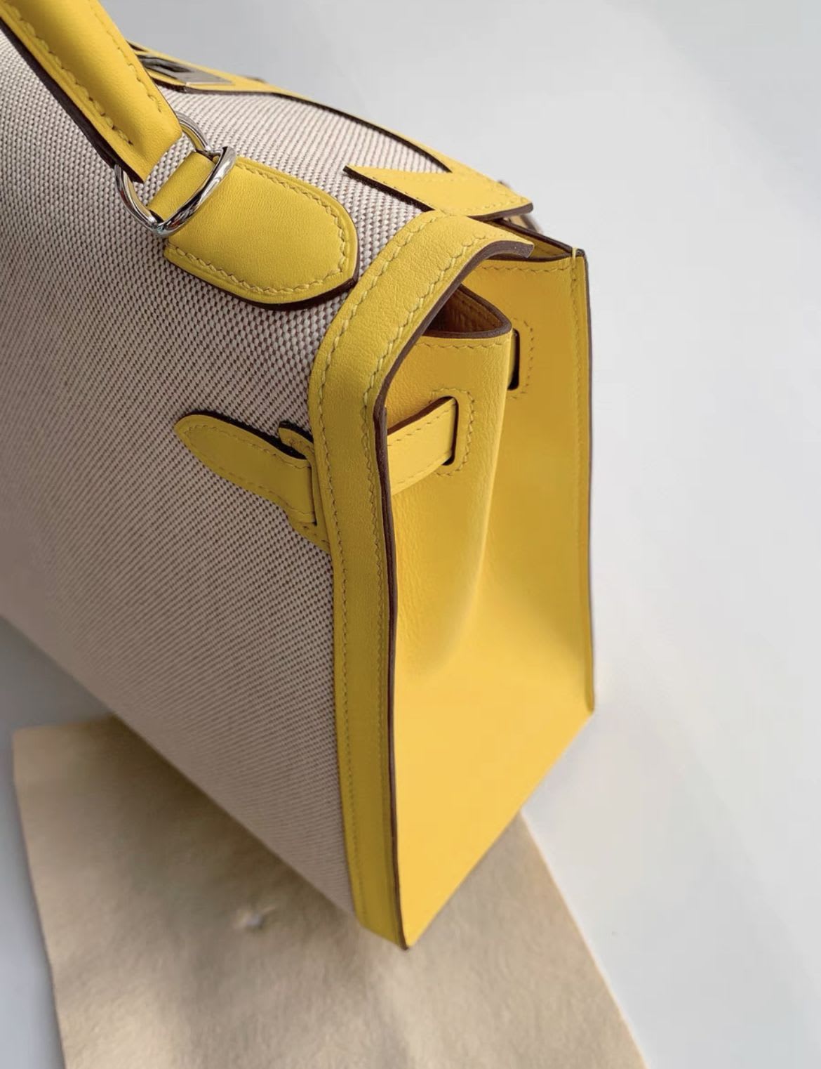 HERMES kelly28 9o Naples yellow patchwork canvas silver