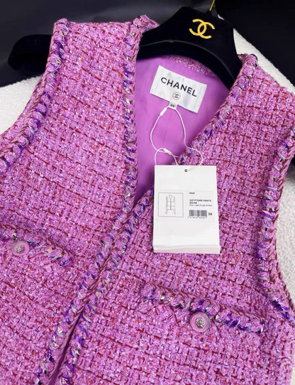 CHANEL 22P TWEED VEST 34 PINK/ LT PURPLE/ RED