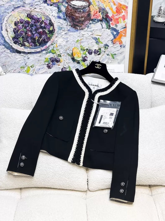 Chanel 22C Black and White Knitted Silk Cardigan