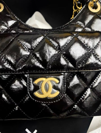 Chanel Hobo Small Bag In Shiny Crumpled Calfskin With Gold Hardware Black