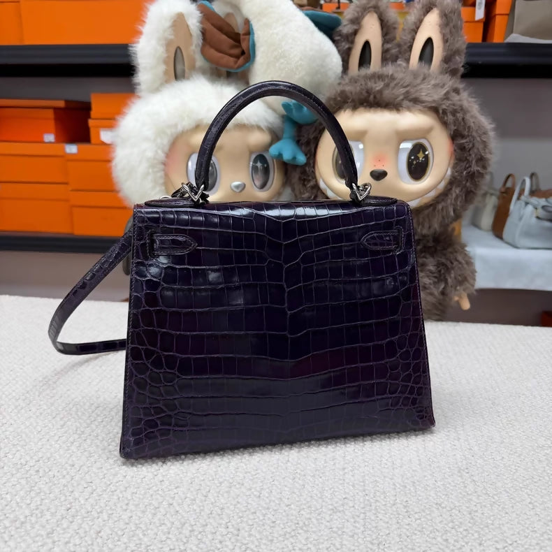 Hermes Kelly 28 9G amethyst shiny crocodile leather palladium hardware